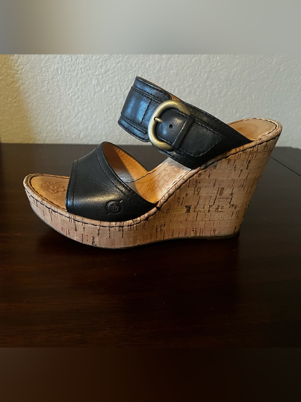 Born Black Leather Cork Wedge Sandal with Buckle Detail